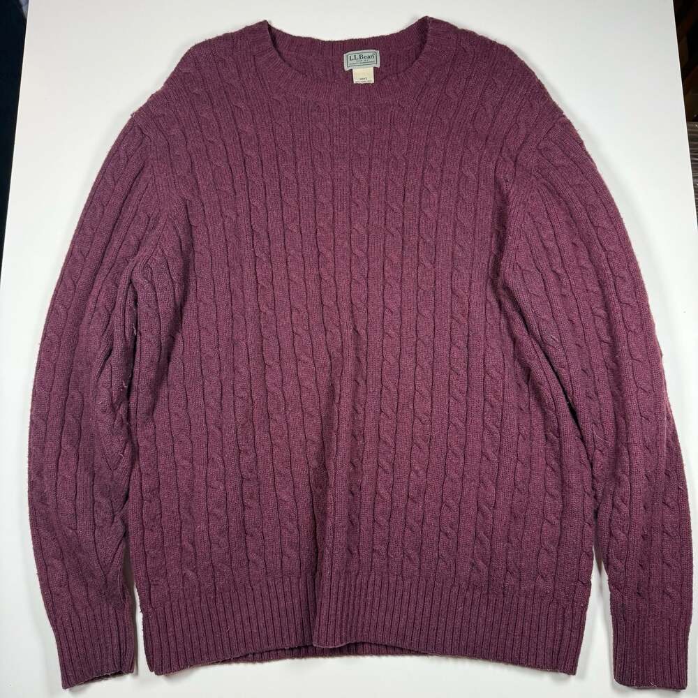 L.L.Bean Men's Burgundy Lambswool Cable Knit Crewneck Pullover Sweater XXL-REG